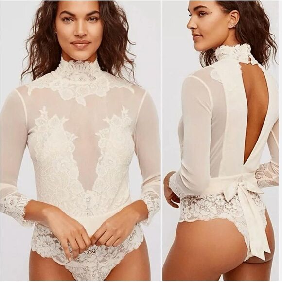 NWT free people We Are HAH Take HAH Bow Bodysuit Womens La Creme Beige - Picture 1 of 13